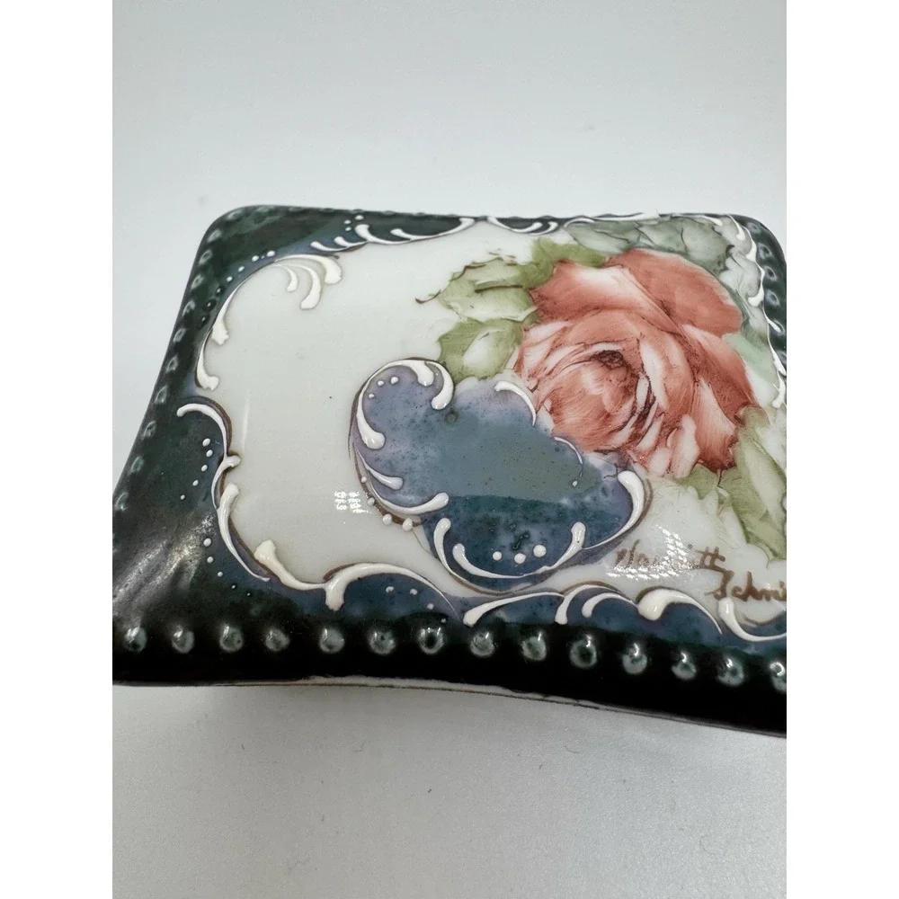 Vintage Porcelain Hand Painted Dresser Vanity Trinket Box Signed Blue Floral